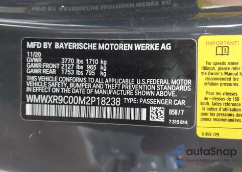 2021 Mini Hardtop John Cooper Works from USA, damaged, VIN WMWXR9C00M2P18238